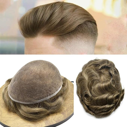 Toupee For Men Real Human Hair System For Men Full Swiss Lace Mens Toupee Lace Hair Piece For Men Hair System Bleached Knots 8x10-90% light density#720 7# VERY LIGHT BROWN+20% GREY
