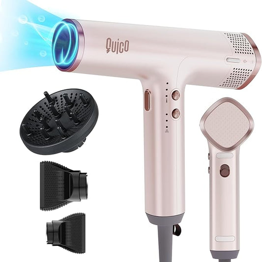 Quico Hair Blow Dryer for Women, 7X Faster BLDC Motor, Quiet 1875W 110000 RPM 2 Billion Negative Ionic Salon with Diffuser, Adjustable Temp & Speed, Portable Hair Dryer for Home Travel, Pink