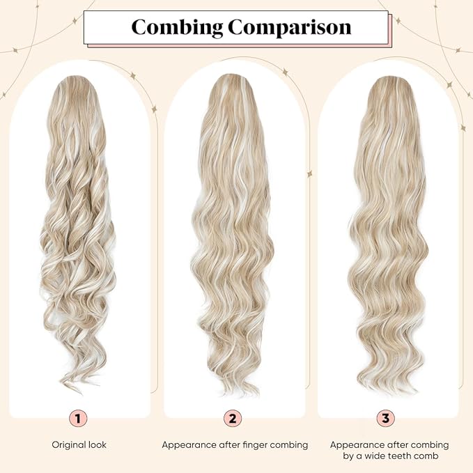 Wavy Drawstring Ponytail Extensions Icy Blonde Long 26 Inch Synthetic Fake Hairpiece for Women