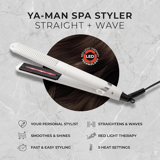 YA-MAN Spa Styler Straight + Wave Flat Iron Hair Straightener and Curler 2 in 1 - Advanced Japanese Technology, Dual Voltage, Titanium Tourmaline Plates with Red Light Therapy, 5 Heat Settings (White)