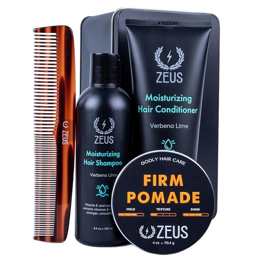 ZEUS Hair Wash & Pomade Set for Men, Moisturizing Shampoo, Hydrating Conditioner, Hair Comb & Styling Hair Pomade with Gift Tin (Firm Hold)