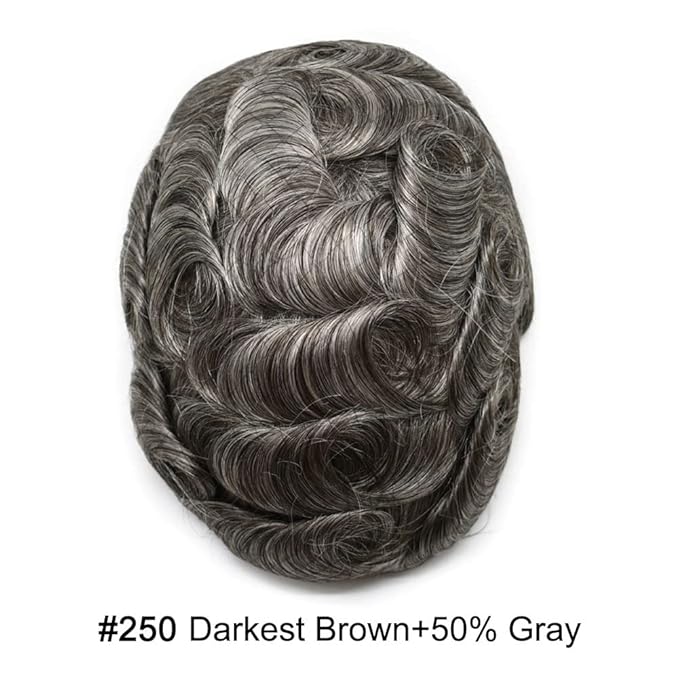 Toupee For Men Real Human Hair System Full Swiss Lace Mens Toupee Lace Hair Piece For Men Hair System Bleached Knots 8x10-90% light density#250 2# DARKEST BROWN+50% GREY