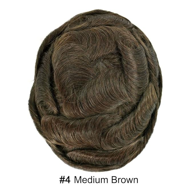Mens Toupee Human Hair System Durable Fine Mono Lace Men Replacement PU Poly Skin Around Light to Medium Density Wig Hairpiece (7"X9", 4 Medium Brown)