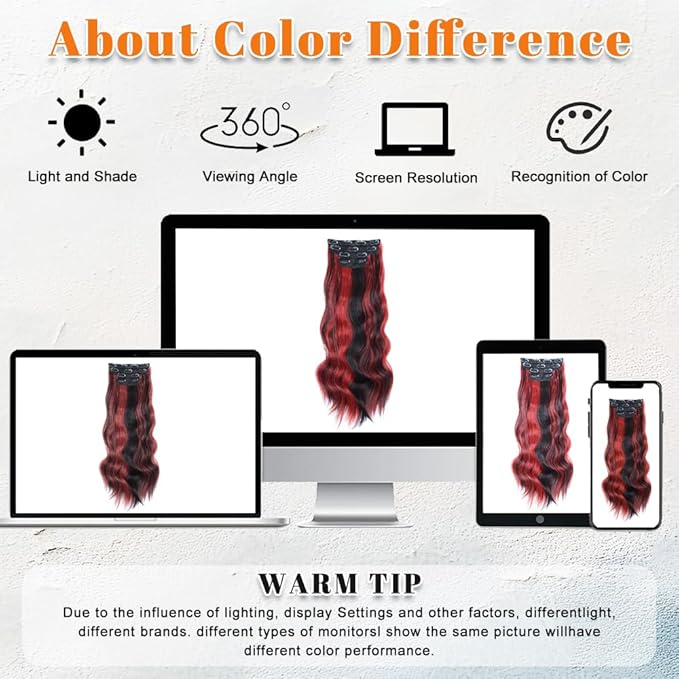 Vigorous Clip in Hair Extensions 24Inch Black with Red Highlights Hair Extension Clip Ins 4Pcs Long Wavy Soft Synthetic Hairpieces for Women Girls Daily Use Event Party Use