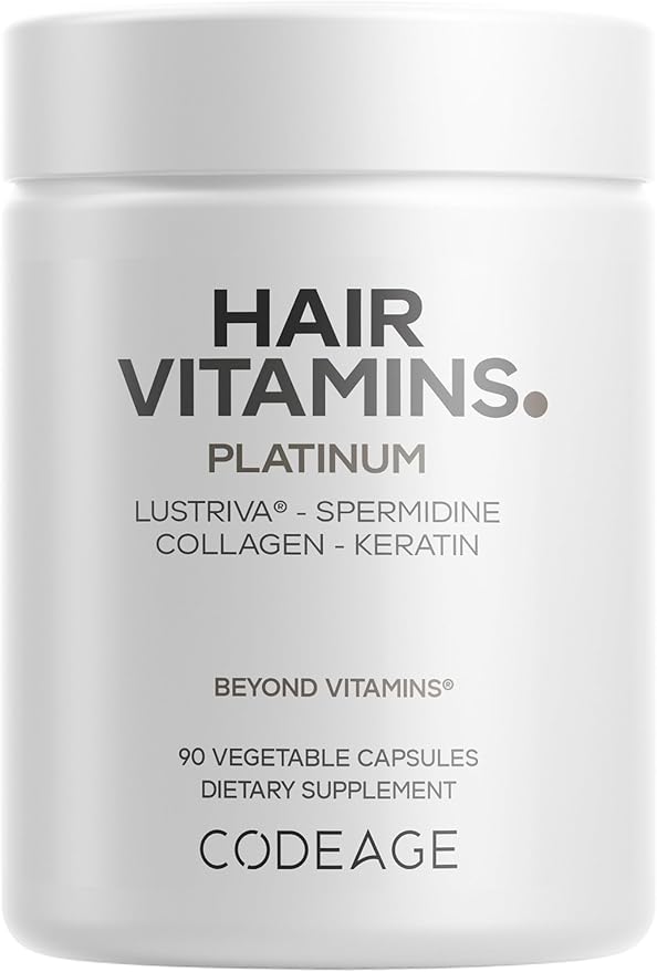 Codeage Hair Vitamins Platinum - Lustriva Hair Growth Support, Spermidine, AstraGin, Biotin, Keratin, Collagen, Enzymes, Omega-3, Multivitamins, Probiotics – Healthy Hair Supplement - 90 Capsules