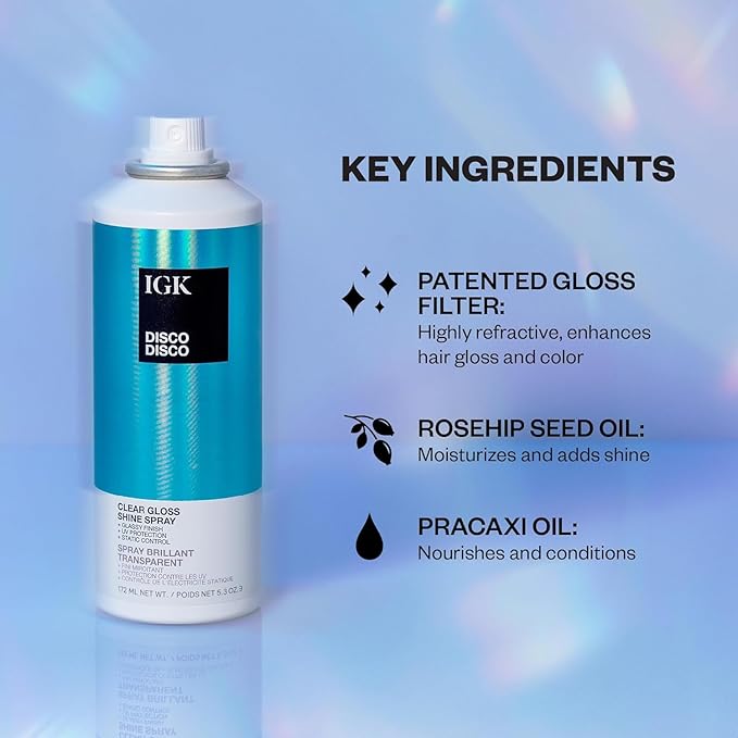IGK Disco Disco Clear Gloss Hair Shine Spray | Full + Travel Size | Lightweight, High-Shine Finishing Hair Spray | 5.3 + 2.1 oz (Pack of 2)