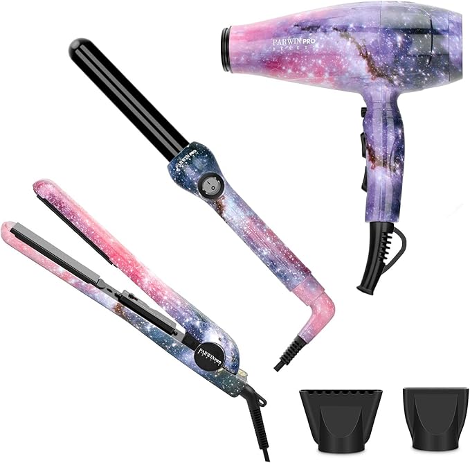 PARWIN PRO BEAUTY Hair Styling Set - 1875w Professional Hair Dryer - 1 Inch Titanium Curling Iron- 1 Inch Anti-Static Hair Straightener- Negative Ionic Technology - Pack of 3, for All Hair Types