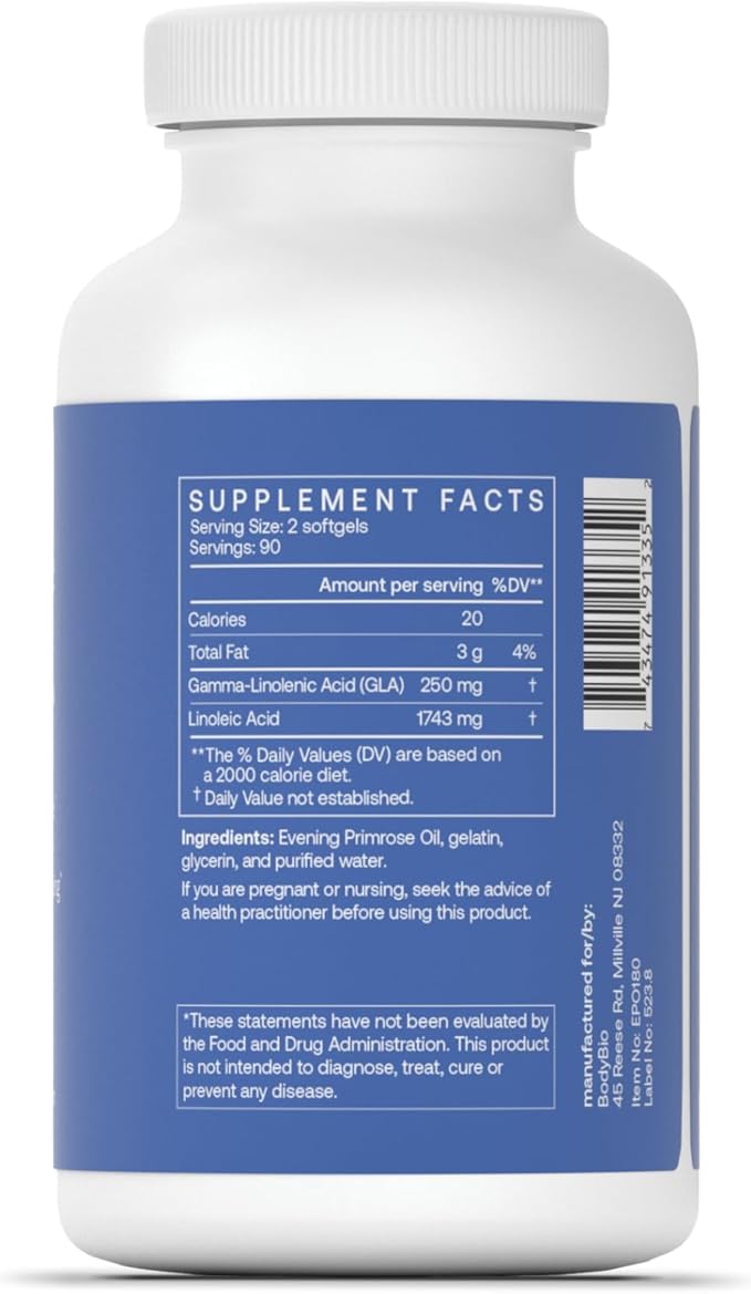 BodyBio Evening Primrose Oil - Natural Gamma Linolenic Acid for Healthy Skin & Hormone Balance - Non-GMO, Cold Pressed, 180 softgels