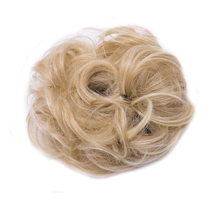 Benehair Hair Bun Hairpiece Scrunchy Updo Hair Pieces Fluffy Scrunchies Donut Hairpiece Synthetic Curly Wavy Messy Chignons With Elastic Rubber Band Dark Blonde & Bleach Blonde-Thicker 1pc 35g