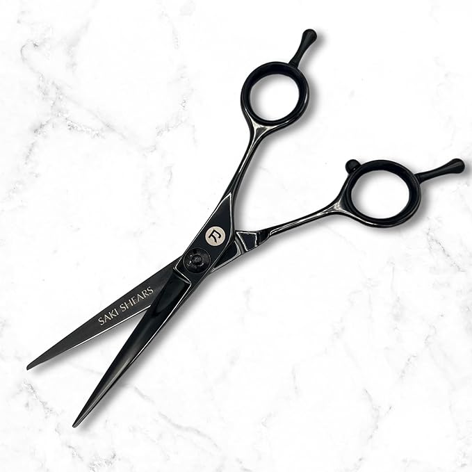 Saki Shears Black 5.5" Hair Cutting Scissors - Straight Handles - Dual Tangs - Zero Offset - Lightweight Hair Scissors for Professionals - Japanese 440C Steel (Black)