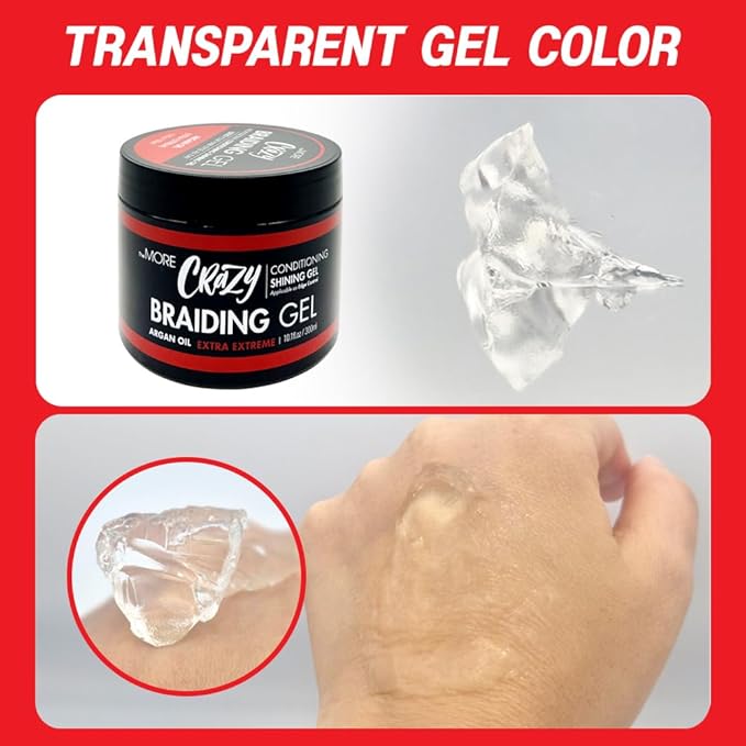 The MORE Crazy Conditioning Shining Braiding Gel, Extra Extreme Hold for All Hair Types, 10.1 Fl Oz, Clear Styling Gel, Nourishes Scalp, Hair Growth, Enriched with Argan Oil