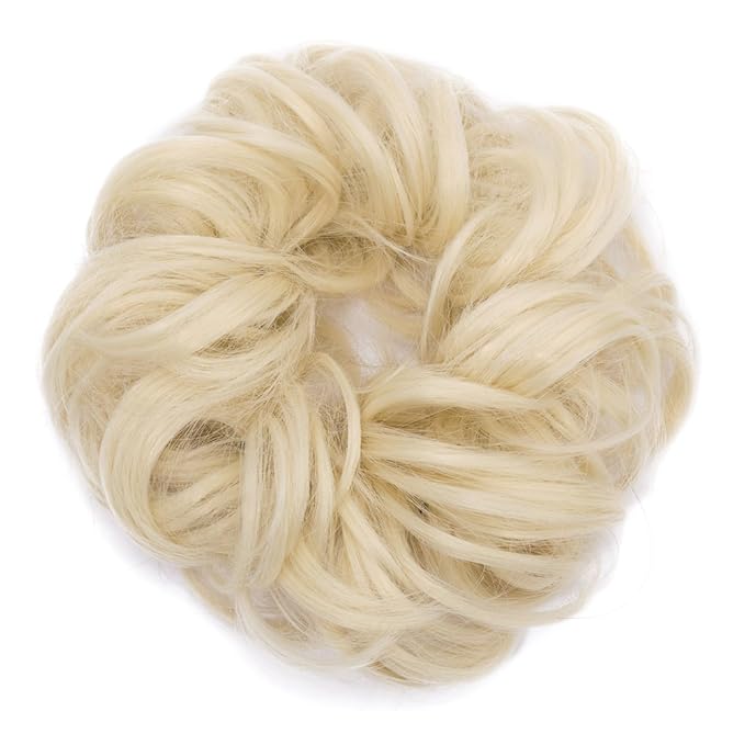 Benehair Messy Bun Hair Piece Scrunchy Updo Hair Pieces for Women Fluffy Wavy Hair Bun Scrunchies Donut Hairpiece Synthetic Chignons With Elastic Rubber Band Bleach Blonde 1pc 25g