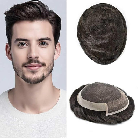 Toupee for Men Real Human Hair Swiss Lace Hairpiece for Men Hair Replacement System Poly Coated Mens Hairpieces Breathable Mens Hair System 6X8-80% Light Density 2# DARKEST BROWN