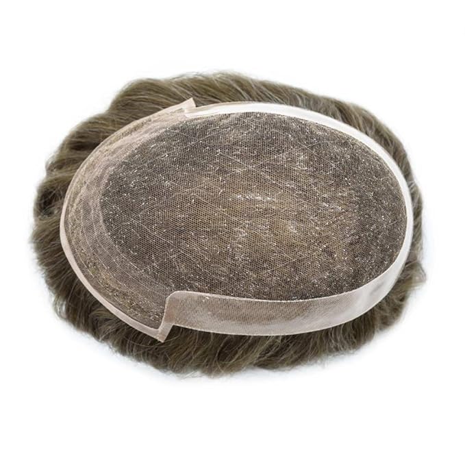 Toupee for Men Real Human Hair Swiss Lace Hairpiece for Men Hair Replacement System Poly Coated Mens Hairpieces Mens Hair System 6X9-80% Light Density 630# 6# LIGHT BROWN +30% GREY