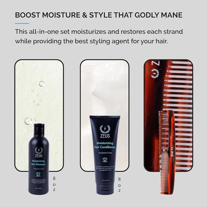 ZEUS Hair Wash & Pomade Set for Men, Moisturizing Shampoo, Hydrating Conditioner, Hair Comb & Styling Hair Pomade with Gift Tin (Firm Hold)