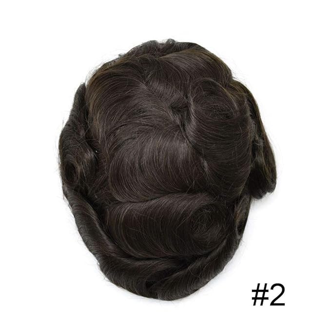 Mens Toupee Human Hair System Durable Fine Mono Lace Men Replacement PU Poly Skin Around Light to Medium Density Wig Hairpiece (8"X10", 2 Darkest Brown)
