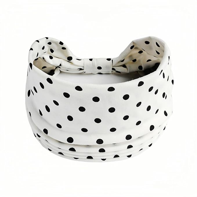 1 Pack Boho Headbands Stretch Paisley Print Bandana Headband Criss Cross Hair Bands Knotted Head Wrap Yoga Daily for Women and Girls (Polka Dot White)