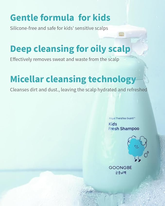 GOONGBE Kids' Fresh Shampoo - Korean Kids Scalp Purifying Shampoo - Gentle Deep Cleansing for Oily, Smelly Scalps - Low pH & Silicone-Free Formula - Allergen Free Scent, 10.1 fl.oz.