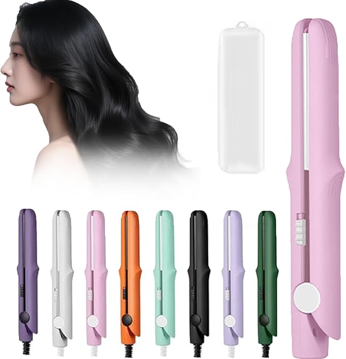 2 in 1 Mini Curling Iron, Hair Straightener, Dual Purpose Travel Curling Wand for All Hair Types Including Short & Long Hair, Portable Styling Tool with Constant Temperature (Pink)