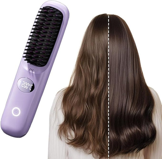 Portable Straightener Brush for Travel, USB Rechargeabl Fast Heating Hair Straightener Comb with 3 Temperature & LED Display, Women Travel Essentials (Purple)