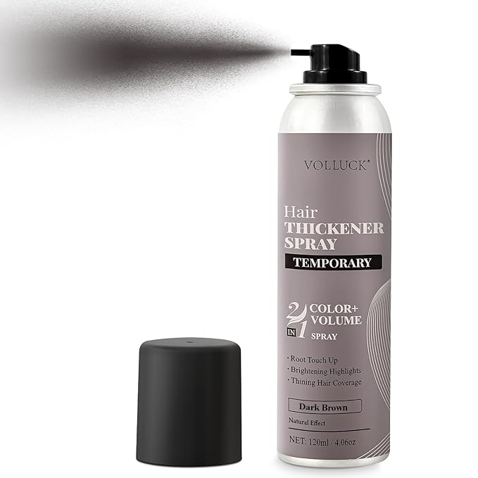 VOLLUCK Hair Thickening Fibers Spray, Temporary Colored Hair Thickener for Root Touch Up Spray, Grey Coverage Root Concealer for Women & Men, | Volumizing & Thickening | Dark Brown