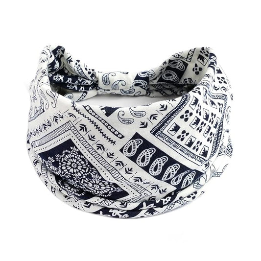 1 Pack Boho Headbands Stretch Paisley Print Bandana Headband Criss Cross Hair Bands Knotted Head Wrap Yoga Daily for Women and Girls (White Blue)