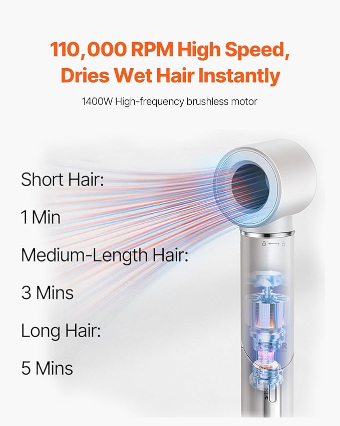 VEVOR Hair Styler Dryer Brush, 7-in-1 Professional Multi Styler with Brushless Motor, 2 Auto-Wrap Curler, 3 Brushes & 3 Nozzle, 110,000RPM High-Speed Hot Air Styler, 90° Folding Design for Fast Drying