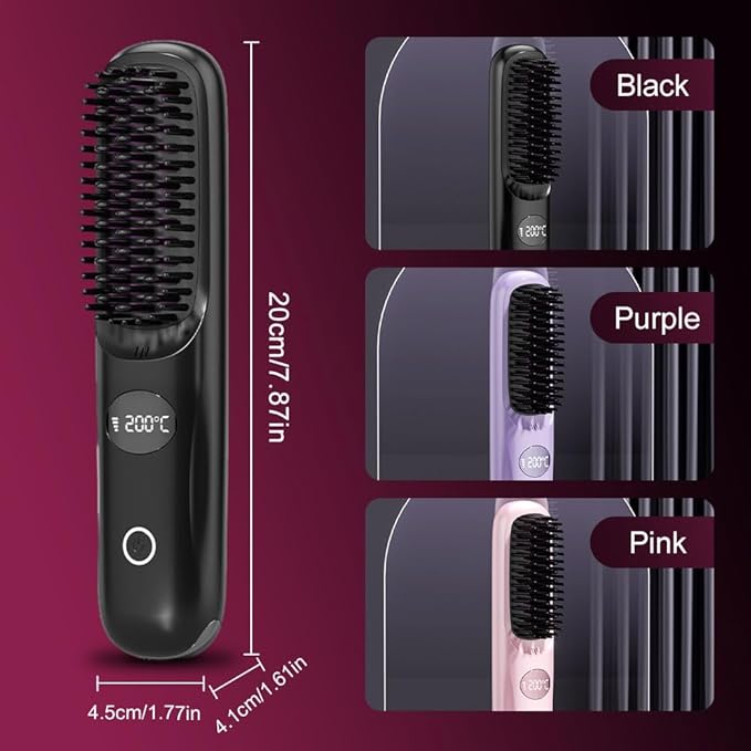 Portable Straightener Brush for Travel, USB Rechargeabl Fast Heating Hair Straightener Comb with 3 Temperature & LED Display, Women Travel Essentials (Purple)