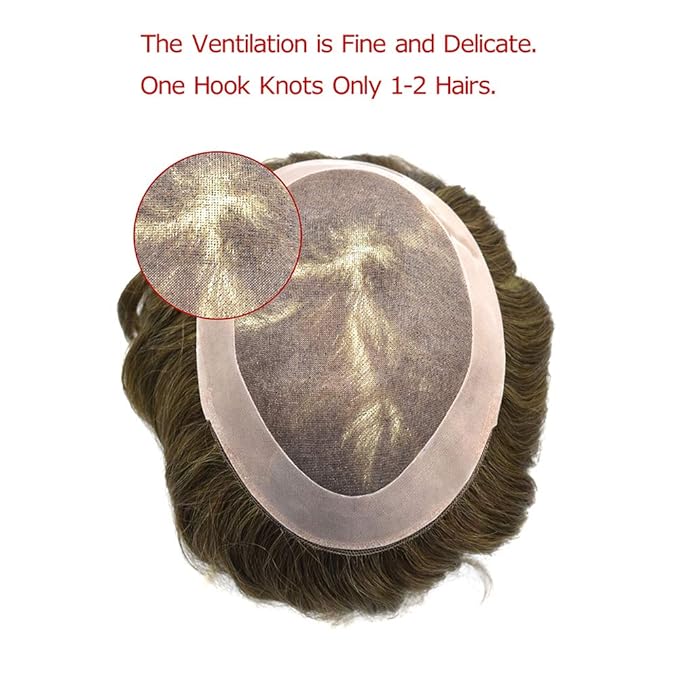 Mens Toupee Human Hair System Durable Fine Mono Lace Men Replacement PU Poly Skin Around Light to Medium Density Wig Hairpiece (6"X9", 7 Very Light Brown)