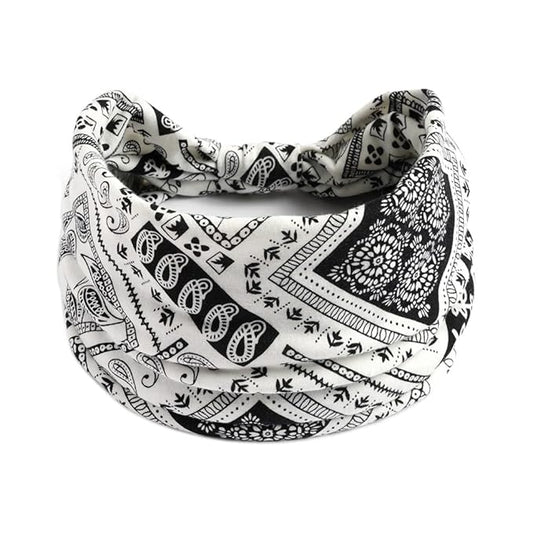 1 Pack Boho Headbands Stretch Paisley Print Bandana Headband Criss Cross Hair Bands Knotted Head Wrap Yoga Daily for Women and Girls (White Black)