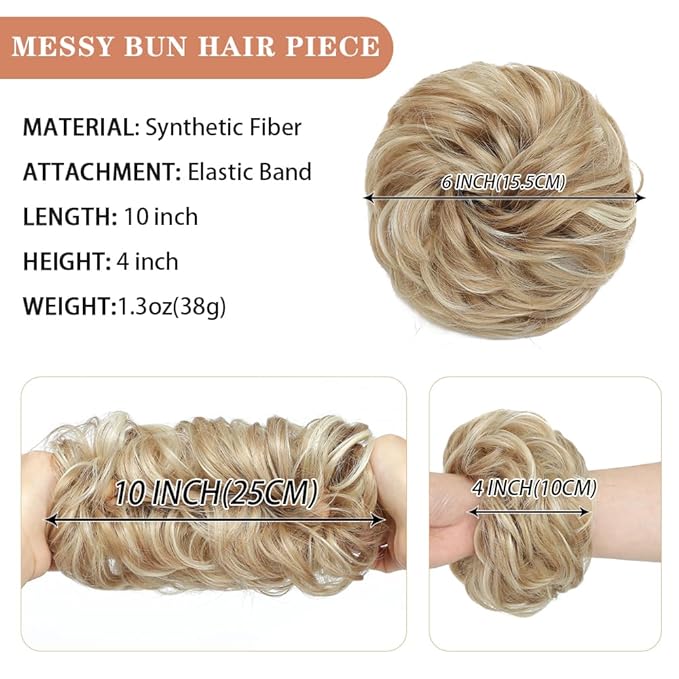 2 PCS Messy Bun Hair Piece Updo Hair Buns Extension Elastic Hair Band Bun Pieces Curly Hair Bun Scrunchie for Women #24H613 Light Golden Brown Mix Bleach Blonde