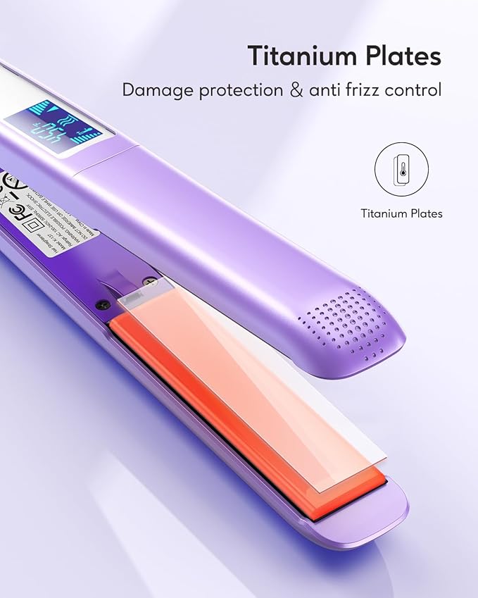 Wavytalk Pro Flat Iron Hair Straightener, 100% Pure Titanium Flat Iron for Easy Glide, Straightener and Curler for All Hairstyles, Dual Voltage (Purple)