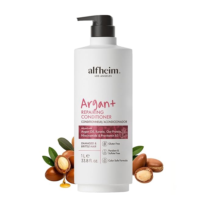 ALFHEIM Argan+ Repairing Conditioner for Dry, Damaged & Frizzy Hair with Argan Oil, Keratin, Oat Protein – Deep Repair, Moisture, Detangling & Shine Boost – Color Safe, Sulfate Free – 33.8 oz