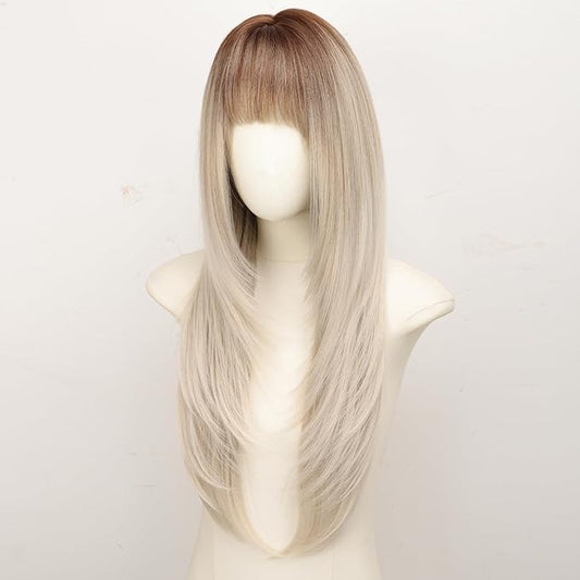 Long Dark Brown Rooted Platinum Wig with Bangs for Women,4x4 Realistic Scalp,Free Parting,Layered Hairstyle Synthetic Heat Resistant for Daily Party Use 26 inch