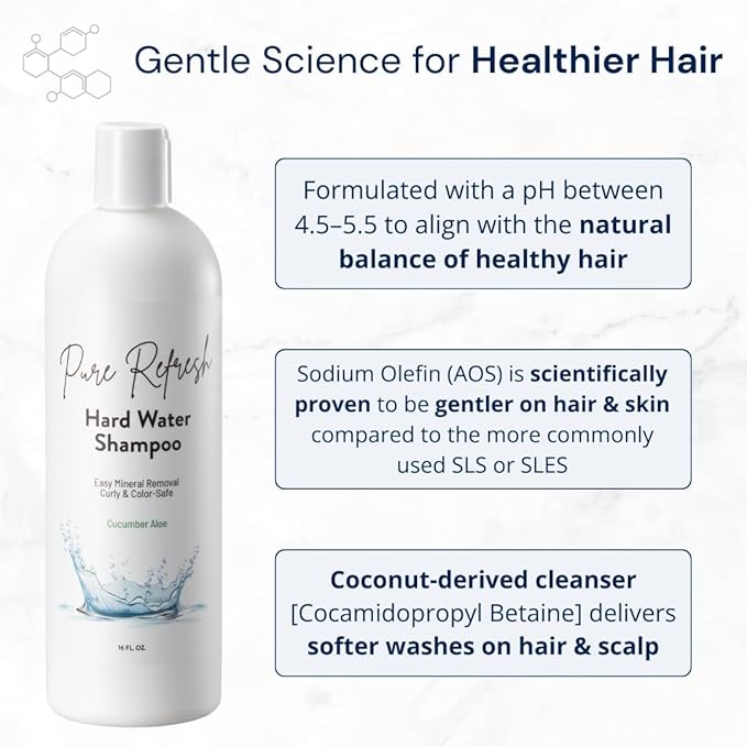 Pure Refresh Hard Water Shampoo - Chelating, Sulfate-Free Hair Care for Well Water - Hard Water Hair Treatment to Gently Remove Buildup and Revive Softness - Made in the USA (16oz.)