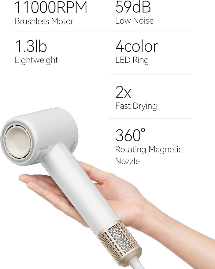 Tideway Hair Dryer, Blow Dryer with Diffuser, Ionic Professional High-Speed 1500W Low-Noise, 110,000 RPM Brushless Motor, Fast Drying, Travel Compact for Women & Men (Gold)