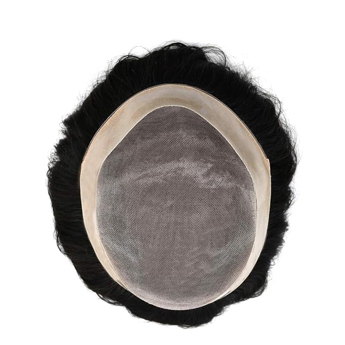 Mens Toupee Human Hair System Durable Fine Mono Lace Men Replacement PU Poly Skin Around Light to Medium Density Wig Hairpiece (8"X10", 1 Jet Black)