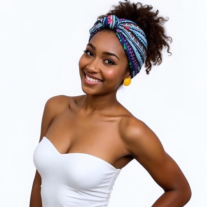 1 Pack Boho Headbands Stretch Paisley Print Bandana Headband Criss Cross Hair Bands Knotted Head Wrap Yoga Daily for Women and Girls (Blue Geometric)