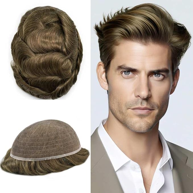 Toupee For Men Real Human Hair System For Men Full Swiss Lace Mens Toupee Lace Hairpiece For Mens Hair System Bleached Knots 7x9-90% light density6# LIGHT BROWN