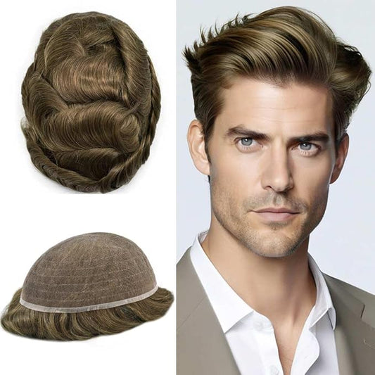 Toupee For Men Real Human Hair System For Men Full Swiss Lace Mens Toupee Lace Hairpiece For Mens Hair System Bleached Knots 7x9-90% light density6# LIGHT BROWN