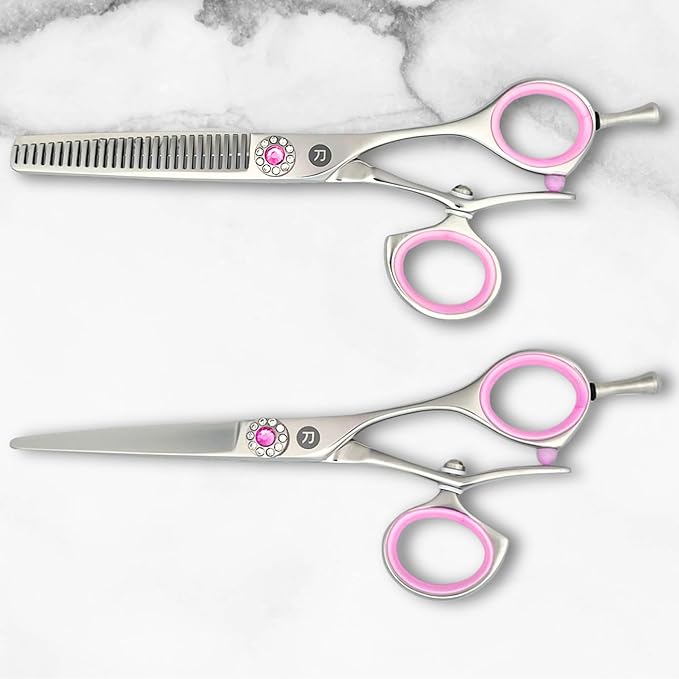 Saki Sakura Hairdressing Shears Set 5.5 Inch - Pink Hair Cutting Shears, Hair Thinning Shears, Hair Razor - Includes Leather Case