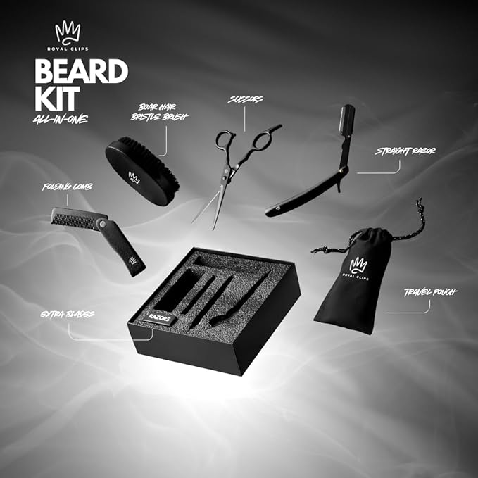 Royal Clips Beard Kit | 4 Piece Beard Grooming Kit | Beard Brush, Comb, Scissors and Straight Razor - Ideal Gift for Men, Husband, Boyfriends, Family & Friends