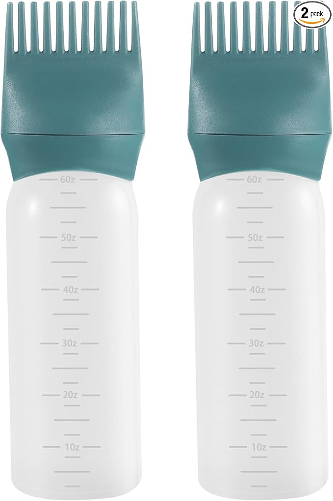 Pimoys Hair Oil Applicator Bottle 6 Ounce, 2 Pack Root Comb Applicator Bottles Hair Dye Bottle Oiling Applicator Brush with Graduated Scale, Dark Blue