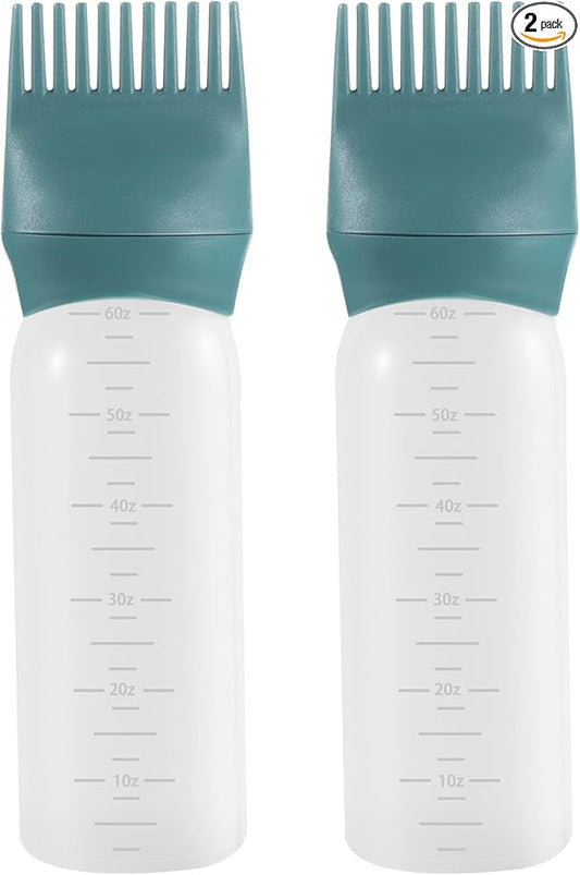 Pimoys Hair Oil Applicator Bottle 6 Ounce, 2 Pack Root Comb Applicator Bottles Hair Dye Bottle Oiling Applicator Brush with Graduated Scale, Dark Blue