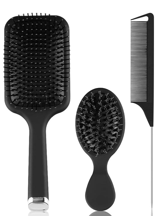 Hair Brush and Comb Set, 3Pcs Paddle Hairbrush Set for Women Men, Mini Travel Boar Bristle Detangling Rattail Fine Styling Combs for Curly, Thick, Thin, Wig