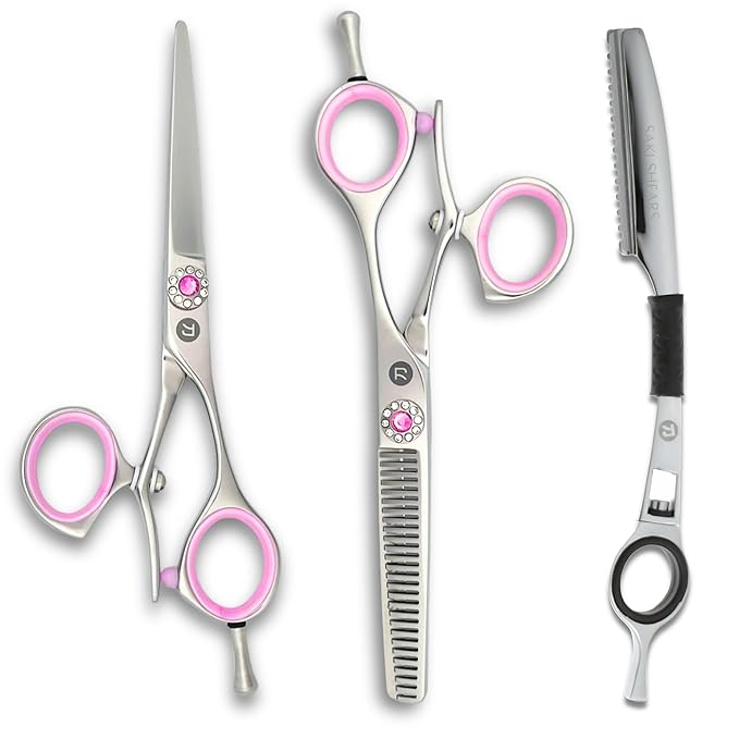 Saki Sakura Hairdressing Shears Set 5.5 Inch - Pink Hair Cutting Shears, Hair Thinning Shears, Hair Razor - Includes Leather Case