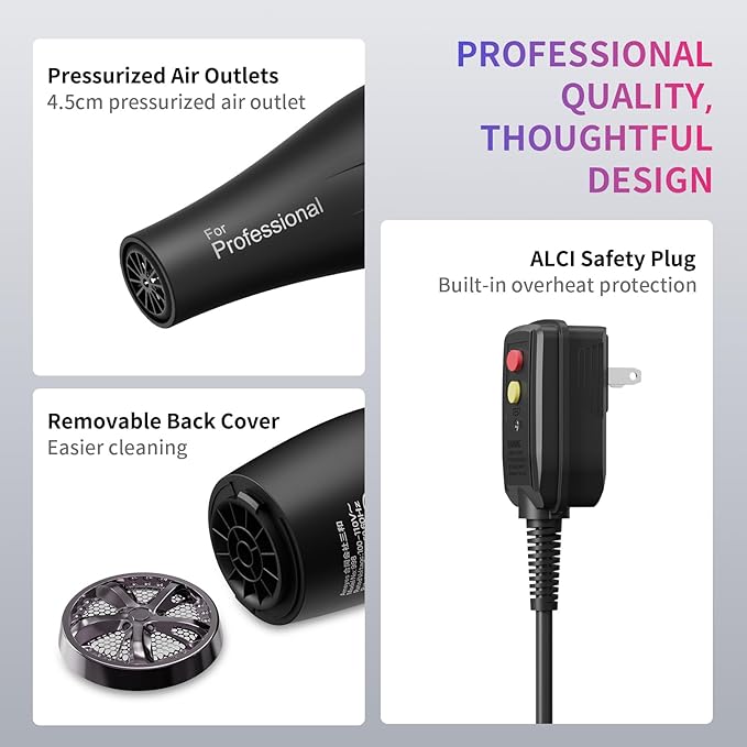 Professional 1875W Blow Dryer with Diffuser, Lightweight & Quiet Hair Dryer for Women and Men, Fast Drying with 3 Heat 2 Speed Settings, Travel Blow Dryer with Concentrator & Cold Shot (Black)