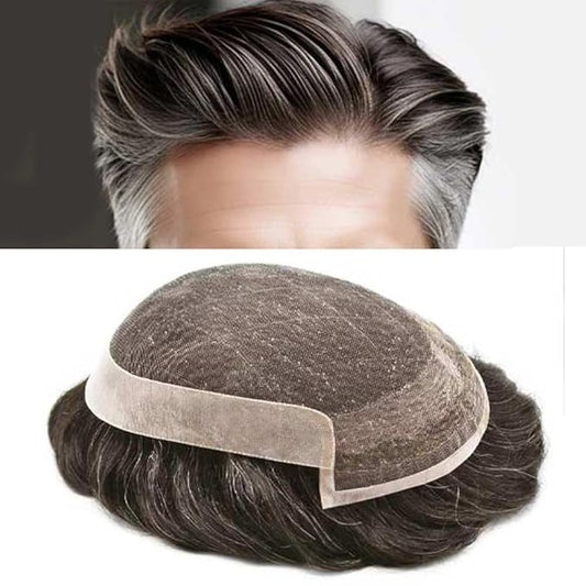 Toupee for Men Real Human Hair Swiss Lace Hairpiece for Men Hair Replacement System Poly Coated Mens Hairpieces Breathable Mens Hair System 6X8-80%Light Density 320# 3# DARK BROWN+20%GREY