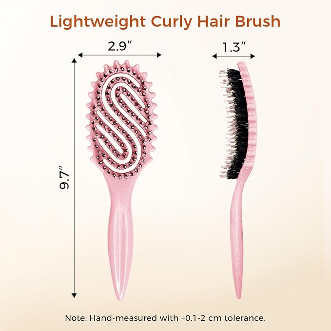 Curly Hair Brush, Curl Defining Brush with Soft Boar Bristles for Combing, Shaping, and Styling Curly Hair Suitable for All Women and Men with Wet & Dry Hair(Pink)