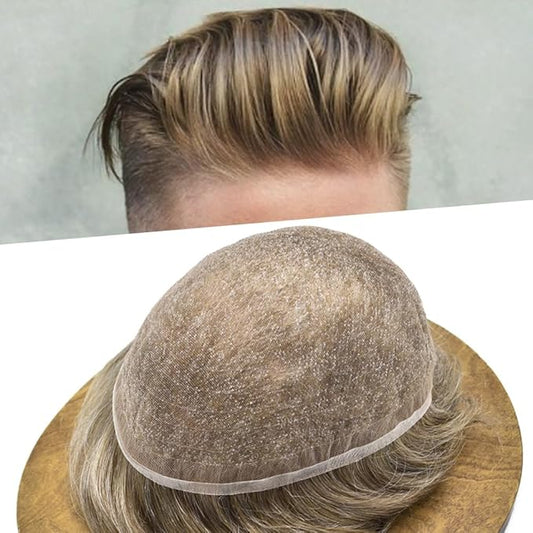 Toupee For Men Real Human Hair System For Men Full Swiss Lace Mens Toupee Lace Hair Piece For Men Hair System Bleached Knots 8x10-90% light density#1740 17# DARK ASH BLONDE+40% GREY